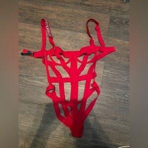 Victoria's Secret Shine Strap Red Strappy Bodysuit Bondage Thong Small